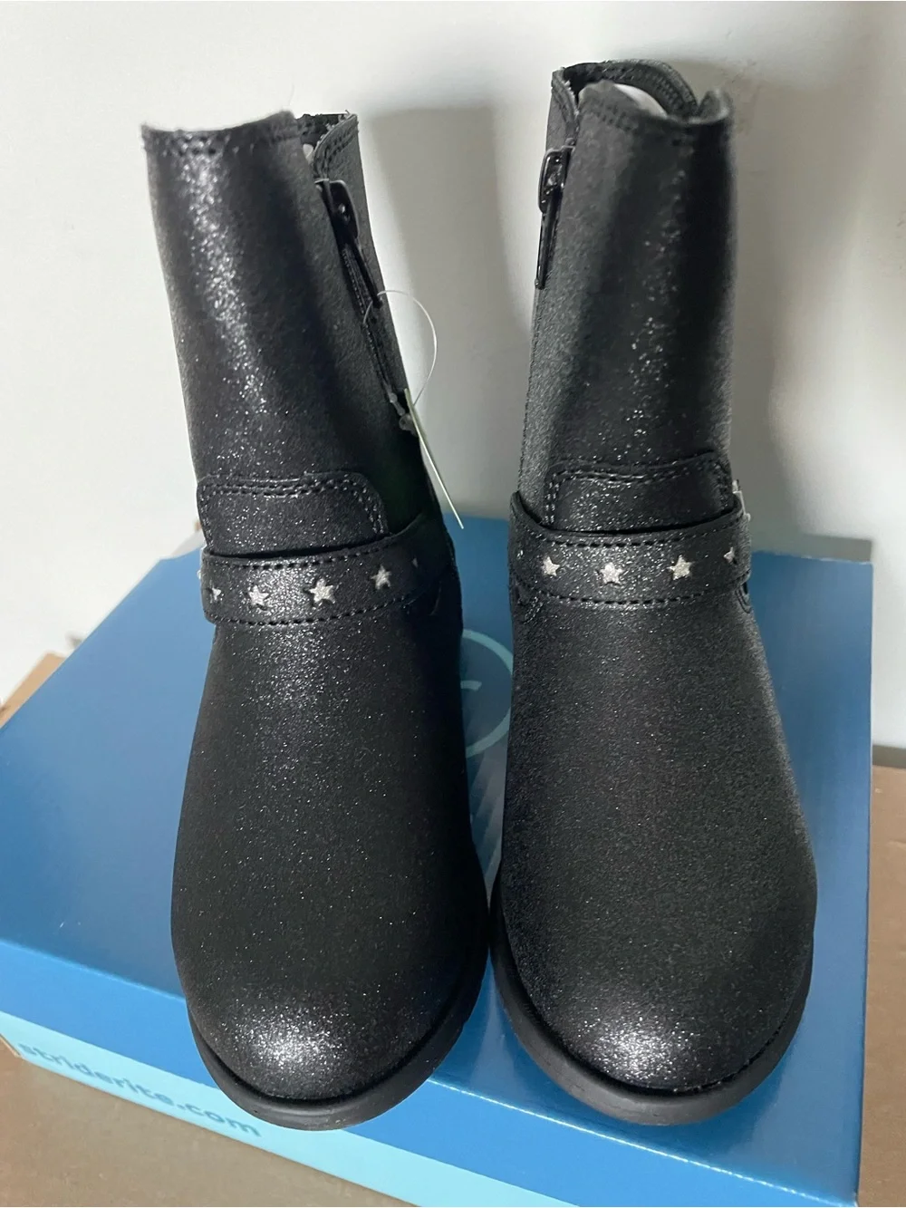 Stride Rite Sr Lizz Black Shimmer Boots Toddler Girl Zip Stars Mid Calf NEW Box